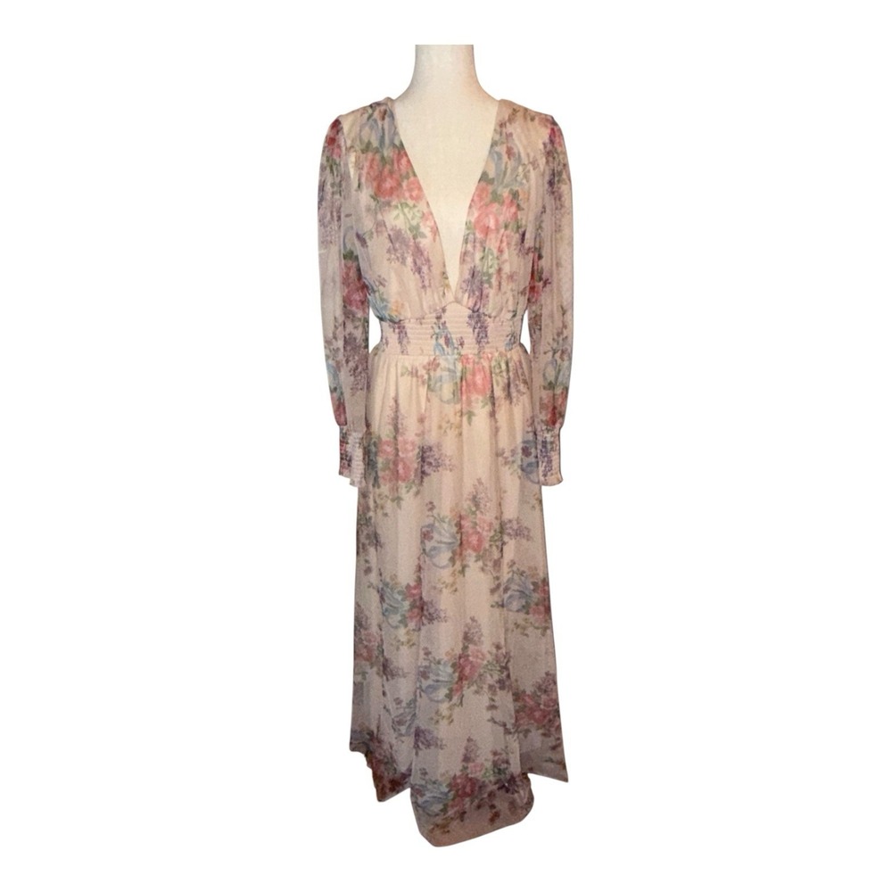 Baltic Born Layla Tulle Maxi Dress Smocked Romantic Floral Sz 1XL Long Sleeve